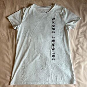 Under Armour White Top with Purple Lettering – Size Medium